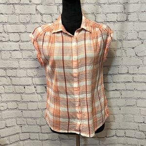 Lucky Brand Shirt Plaid Button Up Sleeveless Top Coral White Size S LIKE NEW